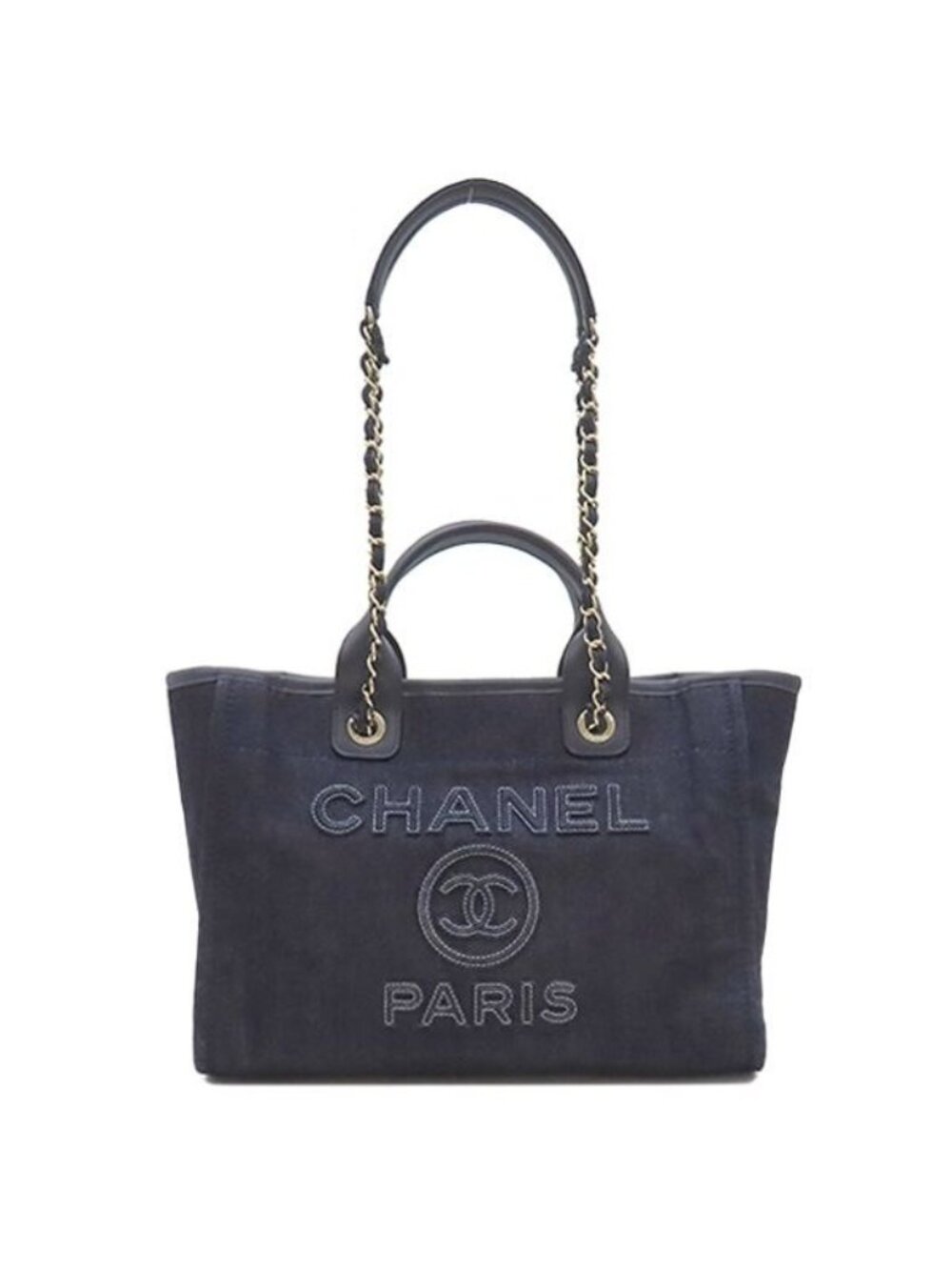 Chanel Tote Deauville Shopping Denim Leather Dark Blue Gold CC Logo Shoulder Bag